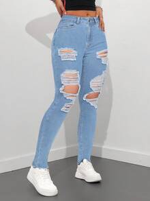 SHEIN Tall Women's Pocket Button Distressed Casual Versatile Daily Wear Jeans - Light Wash - View 4
