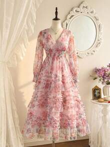 Elenzga 新款网纱印花连衣裙，适合晚宴、约会、下午茶、生日、婚礼等场合，松紧腰设计，大码休闲连衣裙 - 粉色 - 查看 4