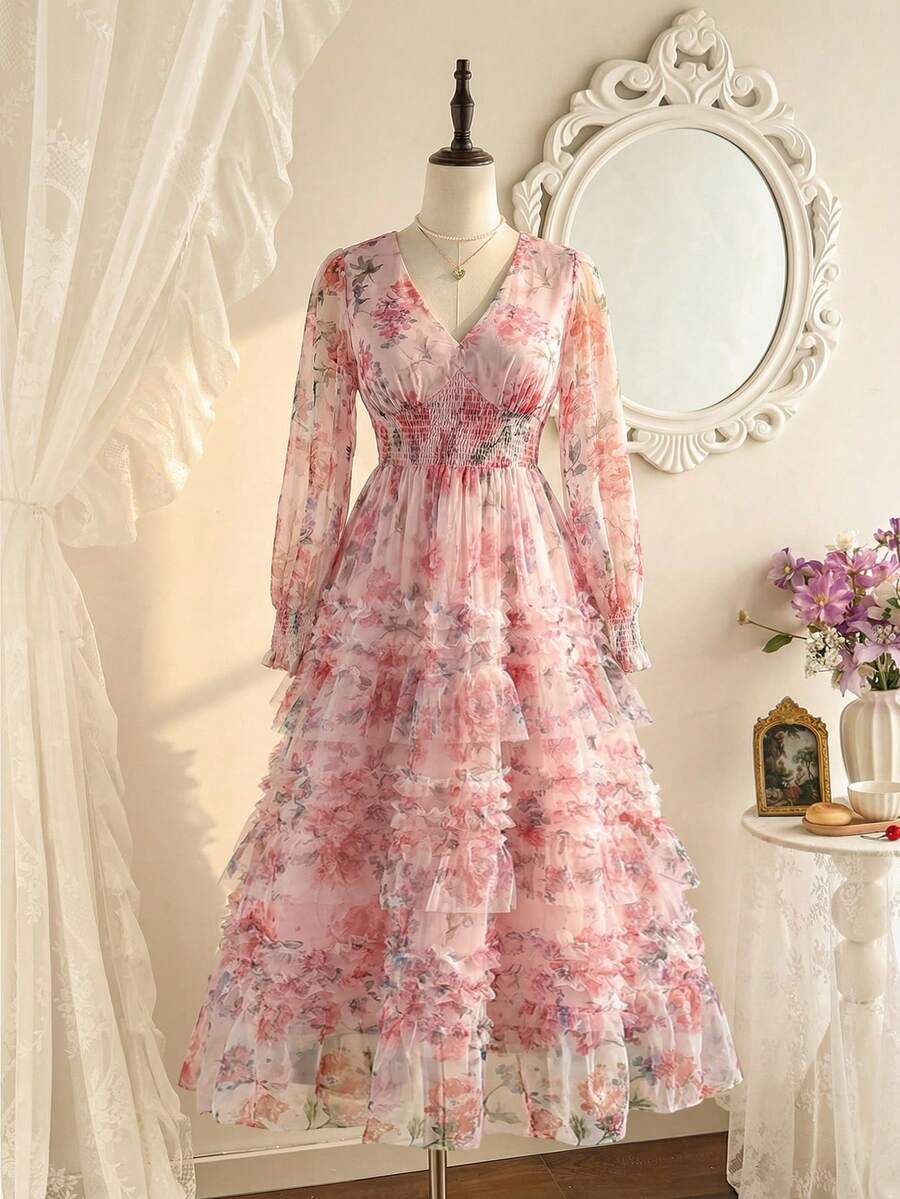 Elenzga Đầm lưới in hoa mới, thích hợp cho tiệc tối, hẹn hò, tiệc trà chiều, sinh nhật, đám cưới, eo co giãn, đầm thường ngày cỡ lớn. - Hồng - Xem 1