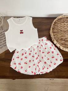SHEIN Vintaside Kids 2件組少女可愛蝴蝶結無袖上衣與粉色格紋短褲，清新夏季海灘、野餐與休閒外出穿搭 - 彩色 - 查看 3