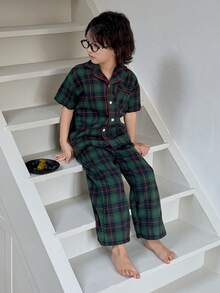 Dazy Kids 男童夏季休闲格子前开襟衬衫和裤子睡衣套装 - 綠色 - 查看 3