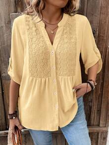 SHEIN LUNE Plus Size Lace Patchwork 3/4 Sleeve V-Neck Button Down Casual Vacation Shirt - Light Yellow - View 3
