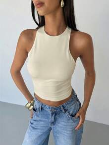 Aloruh Women's Backless Criss-Cross Solid Color Sexy Fitted Camisole,Summer Top - Apricot - View 5