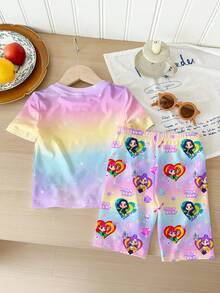 SHEIN 女童卡通字母印花圆领短袖上衣和短裤休闲睡衣套装 - 彩色 - 查看 2