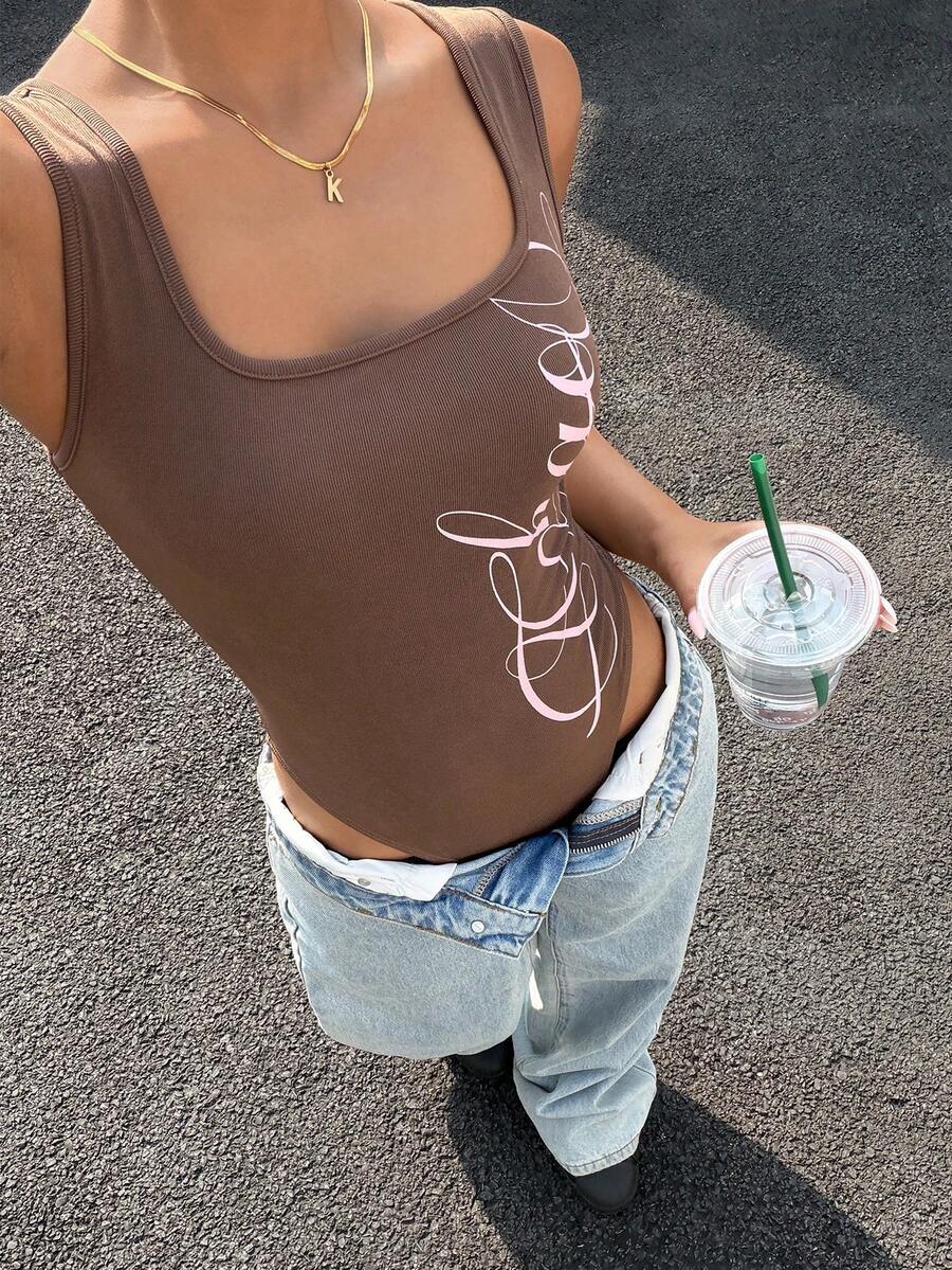 Muchica Brown Letter Print Women's Crew Neck Sleeveless Bodysuit - Brown - View 1