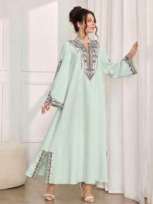 SHEIN Najma 浪漫定位印花加固电脑串珠工艺女士浪漫奢华连衣裙 - 薄荷綠 - 查看 4