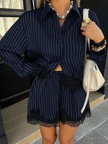 Siren Gaze 条纹短衬衫短裤套装（2件套），黑色蕾丝装饰女士两件套 - 藏蓝色 - 查看 3