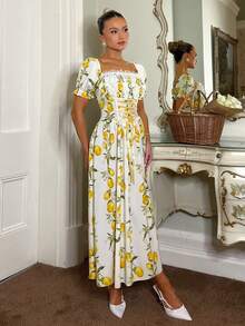 SHEIN Vestido largo con estampado floral, mangas de globo, cintura con lazo y encaje patchwork para mujer - Amarillo - Ver 8