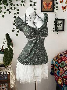 Vibekara Plus Size Women Casual Vacation Green Ditsy Floral Short Sleeve Shirt - Multicolor - View 7