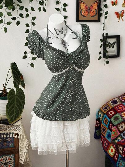 Sunspun Plus Size Women Casual Vacation Green Ditsy Floral Short Sleeve Shirt