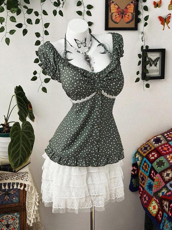 Sunspun Plus Size Women Casual Vacation Green Ditsy Floral Short Sleeve Shirt