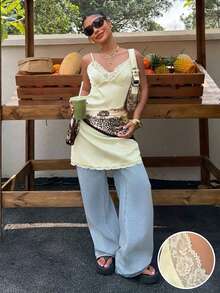 Muchica 女士撞色蕾丝性感吊带迷你连衣裙 - 淡黃色 - 查看 5