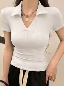 DAZY Women's Solid Color Slim Fit Polo Neck Short Sleeve T-Shirt Summer - White - View 3