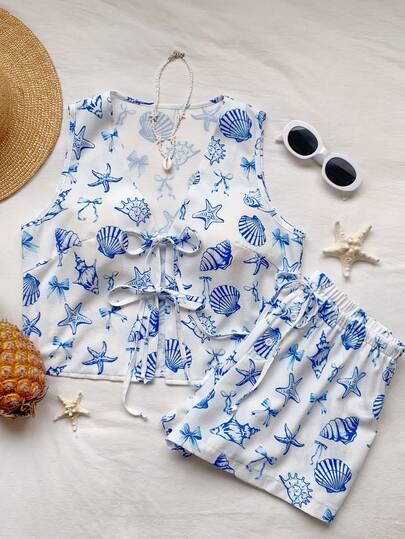 Comfortcana 女士全印花V领背心和短裤休闲两件套