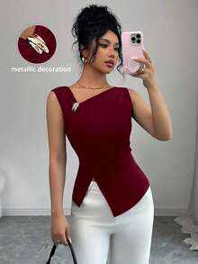 SHEIN Elenzya 女士时尚优雅纯色不对称肩部吊带背心 - 酒紅色 - 查看 4