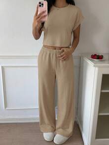 SHEIN EZwear Conjunto de punto informal de color caqui para mujer, primavera/verano - Caqui - Ver 5