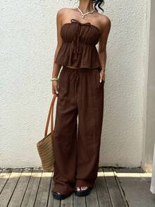 SHEIN EZwear 女款深棕色夏季波西米亞風海灘度假兩件套，編織亞麻抹胸上衣與長褲套裝，休閒成衣染色套裝 - 巧克力棕 - 查看 6