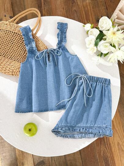 Comfortcana Women Denim Ruffled Strap Top And Shorts Set Cute Summer Two Pieces Outfit Summer Outfits For Women Spring Outfit Women Festival Outfits For Women Party Set Beach Outfits For Women Casual Sets For Women Vacation Outfits Women Summer Holiday Outfits Country Concert Outfit Blue Set