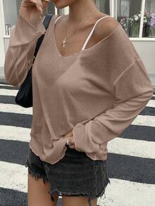 DAZY 女士宽松深V领长袖透视休闲上衣，都市街头风夏季T恤 - 卡其色 - 查看 4