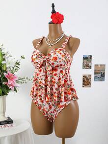 Swim Mod 2pcs/Set Girls' Ribbed Ditsy Floral Ruched Strap Tankini Top And High Waist Ruffled Hem Bikini Bottom Swimwear - Multicolor - View 6