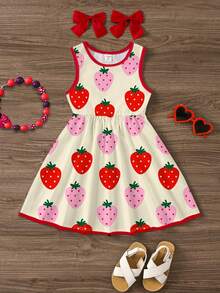 SHEIN Sweet Summer Strawberry Print Dress, Vacation Style, Red Patchwork, Young Girl Casual Minimalist Sleeveless Midi Dress, Suitable For Summer Easy Comfort, Casual Wear SS, Girl Trip, Vacay Vibes, Whimsical, Vacation Kidswear, Young Girl Daily Fashion Girl Strawberry Dress Girl Dress Summer Strawberry Dress Kids Summer Dress For Girls Girls Strawberry Print Dress - Multicolor - View 2