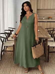 Breezaya Plus Size Women Solid Color V-Neck Sleeveless Casual Dress - Army Green - View 4