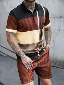 Manfinity Homme 男士撞色短袖Polo衫和短裤休闲通勤套装 - 咖啡棕 - 查看 6