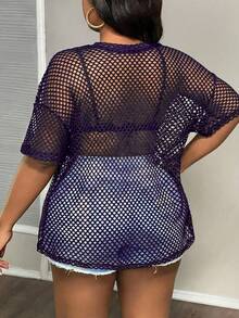 Slaydiva Kaos Ukuran Besar Gaya Jalanan Kasual Hitam Transparan Lengan Pendek Longgar Leher Bulat Panjang Reguler, Cocok untuk Musim Semi dan Gugur - Purple - View 2