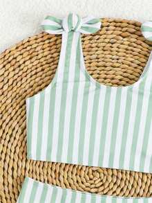 女童比基尼套装泳衣分体两件式无袖三角裤款式紫色条纹印花涤纶面料可爱两件式女童泳衣，适合海边、泳池、露营 - 綠色 - 查看 6