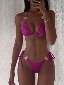 Costavie 泳装 MOD 两件套，金属扇贝装饰挂脖三角比基尼上衣和侧系带泳裤，性感女士夏季度假泳装 - 中紫紅色 - 查看 1