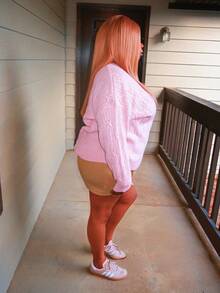 Enliva Plus Size Casual Loose-Fitting V-Neck Sweater With Twisted Knit For Warmth, Suitable For Winter, Vacation, Parties, Music Festivals, Home Wear, Back-To-School Events, As A Gift, And For Shopping. Fall, For Apple Rounded Body Shape - Pink - View 4