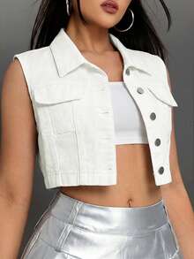 SHEIN ICON Summer Casual Solid Color Cropped Denim Vest - White - View 4