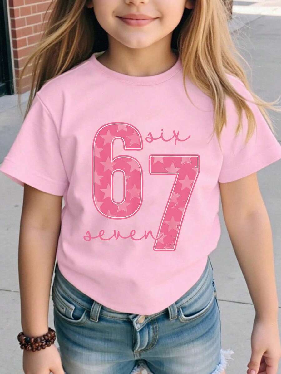 SHEIN Explorewe 年轻女孩休闲舒适时尚百搭创意趣味“67”数字和“六七”字母图案短袖T恤,适合夏季外出穿着 - 粉色 - 查看 1
