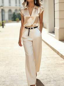 Ellegaria. 女士夏季V领短袖T恤，休闲宽松通勤款，百搭日常穿着 - 香檳色 - 查看 5