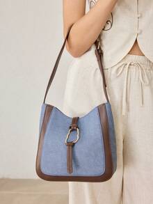 MOTF PREMIUM WOMEN'S SHOULDER BAG, SIMPLE COMMUTER BUCKET TOTE BAG - denim blue - View 7