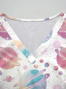 PopScrub Colorful Cosmic Planet Cartoon All-Over Print Nurse Uniform Top, V-Neck Short Sleeve Scrub Top, Nursing Uniform For Women, Suitable For Holiday, Vacation And Daily Wear, Spring/Summer - Multicolor - View 4