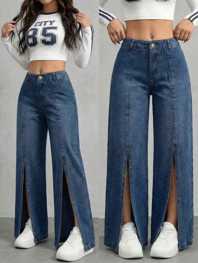 Pantalones Pantalón de Mezclilla para Mujer Jeans de Dama Vaquero Casual Pierna Ancha Wideleg Femenino con Abertura Alta Vaqueros Wide Leg bolsas Bolsillos Tiro Alto Cintura Ajustada Denim Grueso Versátil Primavera Verano Diario Urbano Y2KAesthetic Moderno Juvenil Escuela Colegio Trabajo Confort Día Noche salida Calle Concierto Festival música EDC bahidora vive latino Playa Calor