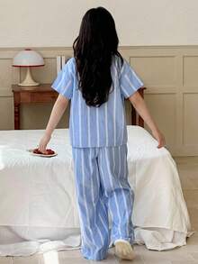 Dazy Kids 少女条纹长袖上衣和裤子家居服套装，秋夏季 - 藍色 - 查看 2