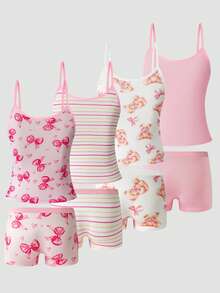 SHEIN 4件套 女童小熊蝴蝶结印花吊带背心+柔软三角内裤套装 - 彩色 - 查看 2