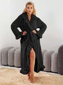1pc Women's Super Soft Ruffle Hem Thick Fleece Robe, Ruffle Hem Fashion Robe With Side Pockets, Warm Long Bathrobe, Plush SPA Robe, Loungewear, Sleepwear - Multicolor - View 23