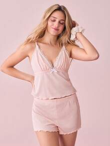 SHEIN 2pcs/Set Women Sexy Spaghetti Strap Top & Shorts Sleepwear Pajama Set Cozy And Elegant Details, Fall Winter Clothes - Dusty Pink - View 1