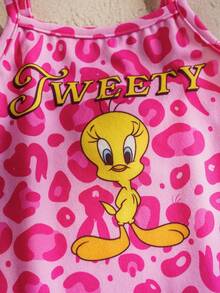 LOONEY TUNES X SHEIN Bộ áo liền quần cho bé gái in chữ và hoạt hình, kiểu dáng thường ngày. - Màu Hồng Tươi - Xem 3