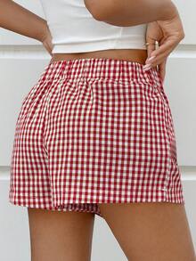 Muchica Shorts Casuais Femininos com Estampa Xadrez e Letra, Cintura Elástica, Verão - Vermelho - Visão 2