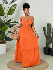 Maweii Plus Size Fashion Summer Strapless Dress - Orange - View 4