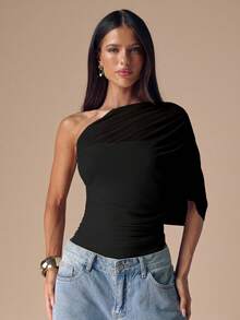 SHEIN BAE 秋冬季纯色杏色不对称肩部优雅连体衣，简约修身款，杏色薄纱裹身褶皱肩部连体衣 - 黑色 - 查看 6