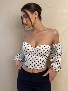 SHEIN Glamour 女士优雅露肩印花灯笼袖短款上衣，春夏女士衬衫，复古优雅女士上衣，波点印花露肩罩杯女士上衣 - 杏色 - 查看 3