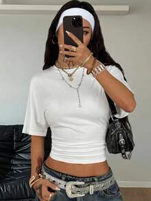 SHEIN 少女束腰褶皱圆领短袖露脐休闲T恤 - 白色 - 查看 1