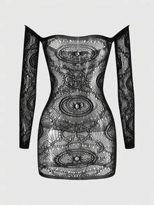 ROMWE Goth 女式哥特式露肩无缝网眼上衣，性感 - 黑色 - 查看 1