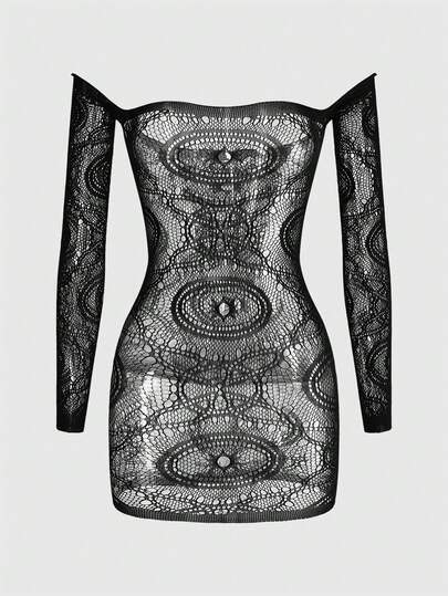 ROMWE Goth Blusa sin hombros de malla sin costuras de estilo gótico salvaje, sexy para mujer