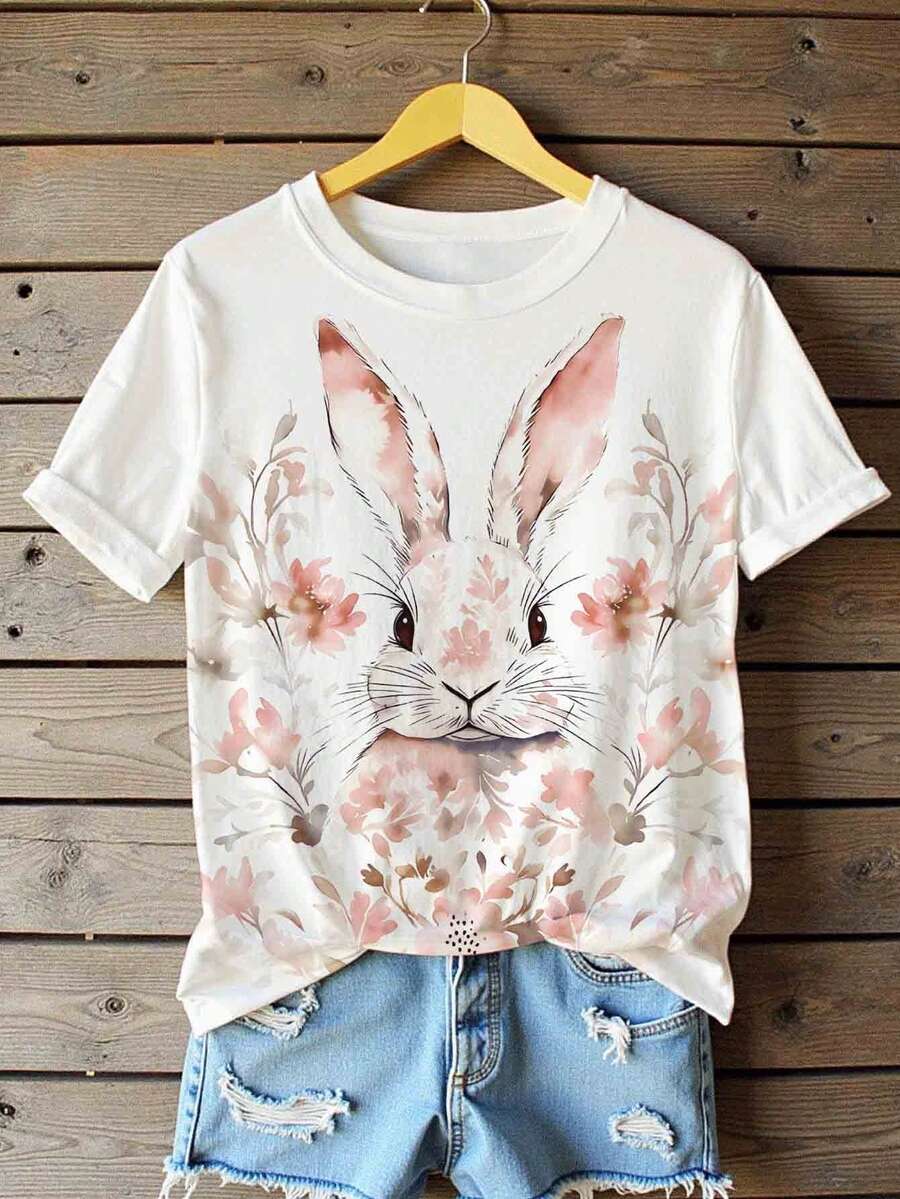 EMERY ROSE Women's Rabbit & Floral Easter Bunny Pattern Comfortable Soft Casual Round Neck Short Sleeve T-Shirt, Suitable For Daily And Holiday Wear - White - View 1